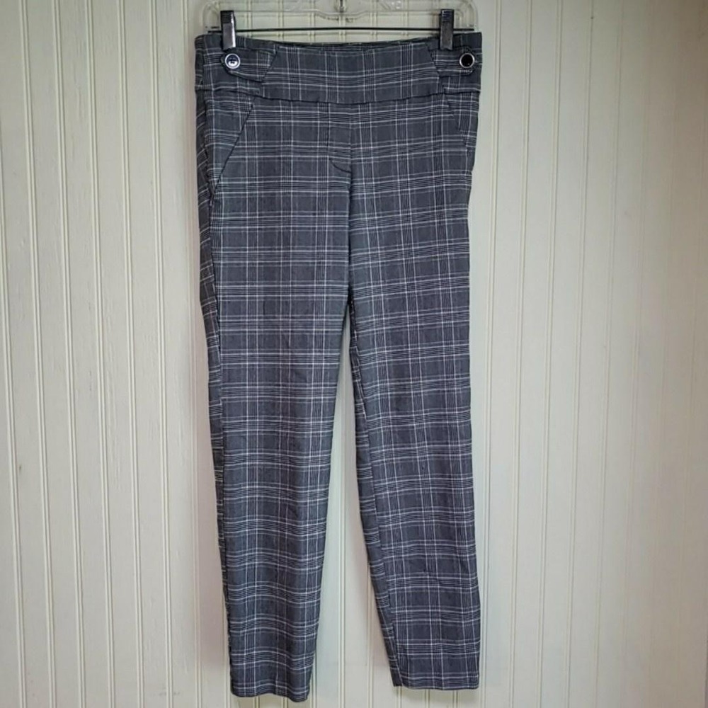 SOHO Apparel Dress Pants Womens M Gray Ponte Plaid Pull On Stretch Pockets